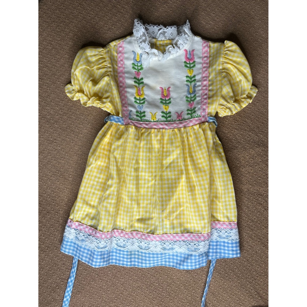 Vintage Youngland yellow Gingham Floral Embroidered Lace Dress 2T-4T cottage